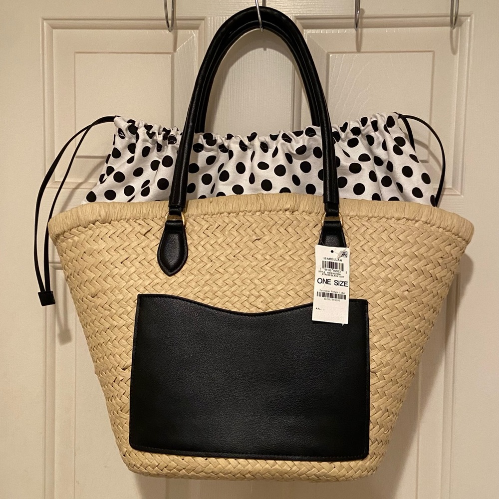 On 34th Isabellaa Large Tote Straw Tan/Black Dots Drawstring Closure Pockets NEW